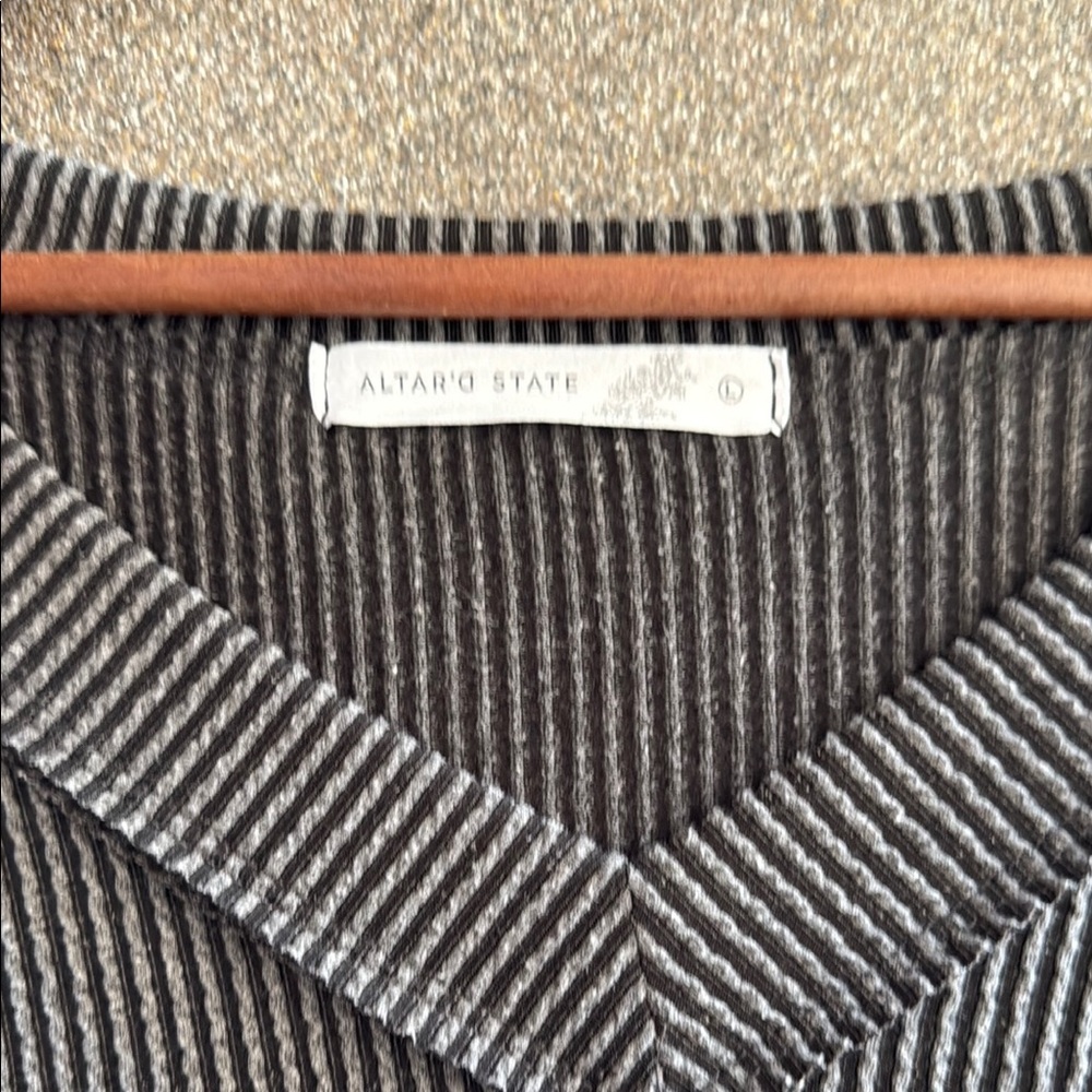 Altar’d State Black and Gray Striped V-Neck long sleeve shirt - Picture 2 of 2